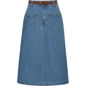 Denim Skirt with Belt Below Knee Length Blue3